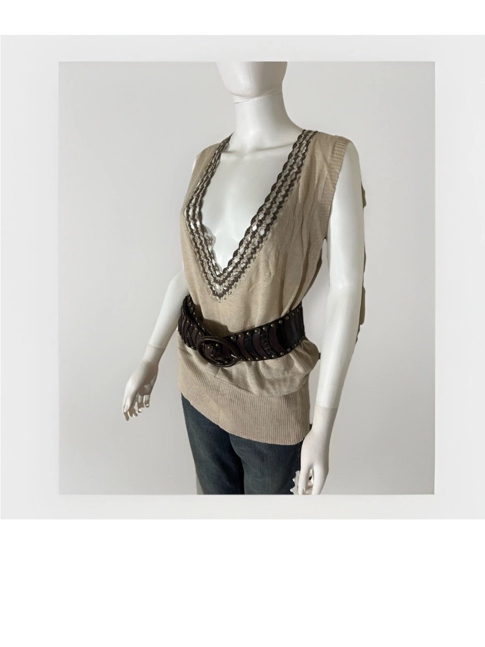 NWT Oscar De La Renta Brown / Nude Linen Blend Crochet Sweater Tunic Medium